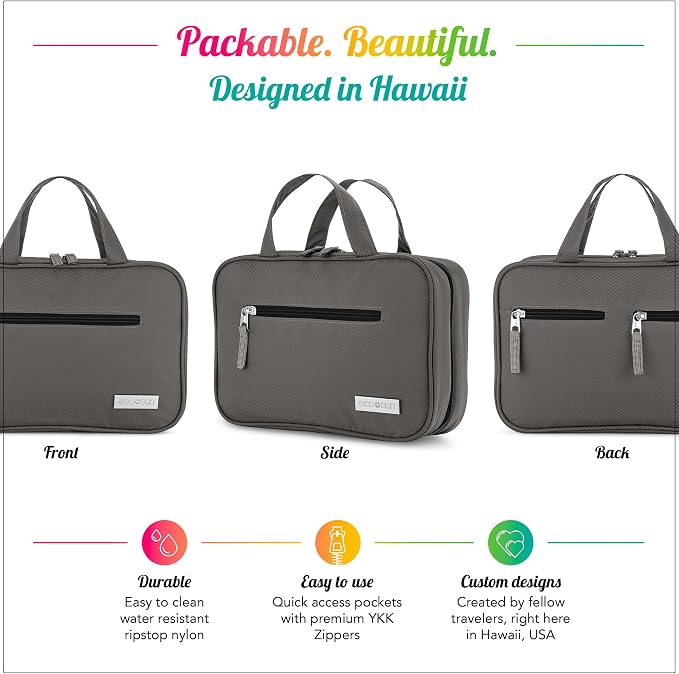 Eco Sun Hanging Travel Toiletry Bag — Designed in Hawaii — Water-resistant Travel Organizer for Bathroom Accessories (Grey) - Image 7