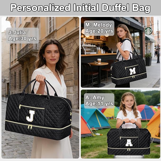 Graduation Birthday Gift for Her, Personalized Initial Weekender Bag for Women 45L Travel Duffle Carry On Quilted, 3PCS Overnight with Cosmetic & Toiletry Bag, Shoe Compartment, Gym Dance Bag for Girl - Image 2