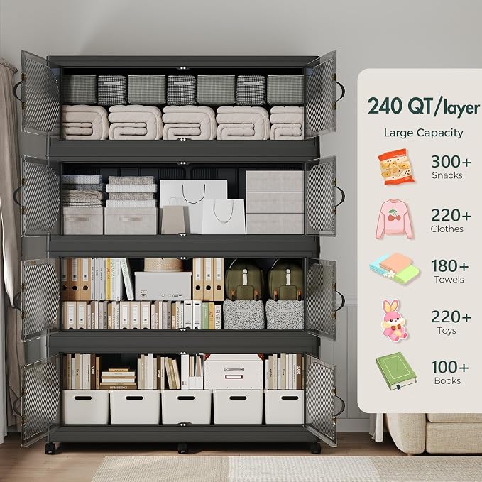 300Gal/1200QT 5-Tiers Extra Large Stackable Storage Bins with Lid, Collapsible Cabinet Closet Organizer Plastic Container Box with Wheels Doors Drawers for Office Dorm Kitchen, Black - Image 3