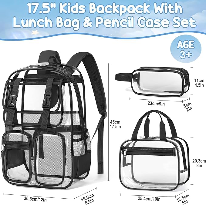 Fimibuke Clear Backpack for Girls - 3 PCS Heavy Duty Kids Boys Clear Bags Schoolbag Large Transparent PVC Bookbag with Lunch Box Pencil Case Set for Travel School Concert Stadium Events Backpacks - Image 2