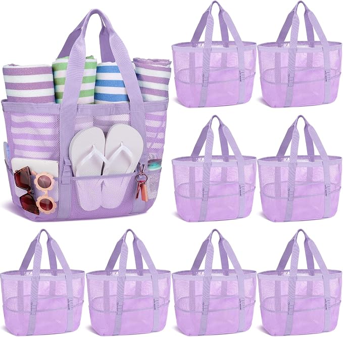Hillban Large Beach Mesh Bags Bulk for Women Beach Tote Bag with 8 Pocket Zipper Waterproof Sandproof for Pool Cruise Ship by Hillban