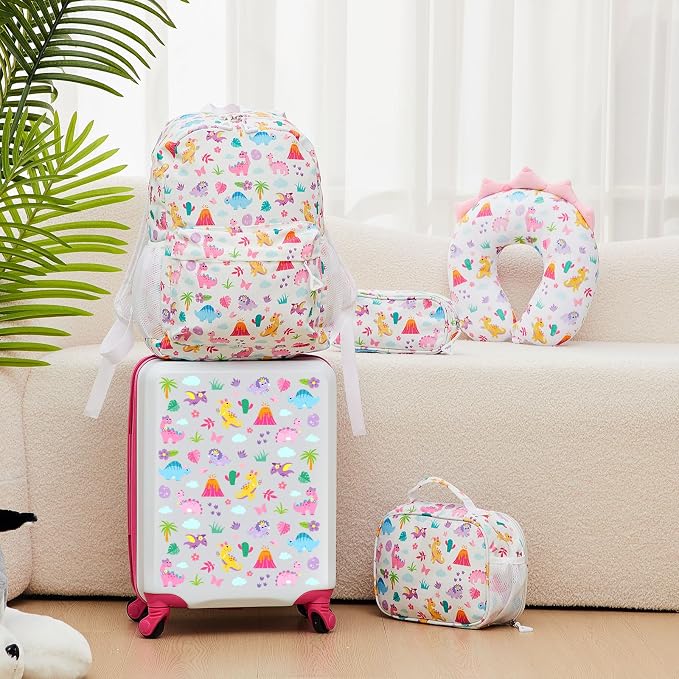 Redbaker 6 Pcs Kids Luggage Set, 17 Inch Rolling Suitcase with Backpack Lunch Bag Neck Pillow, Pink Dinosaur Travel Set for Summer Vacation Sleepover Back to School Gift - Image 7