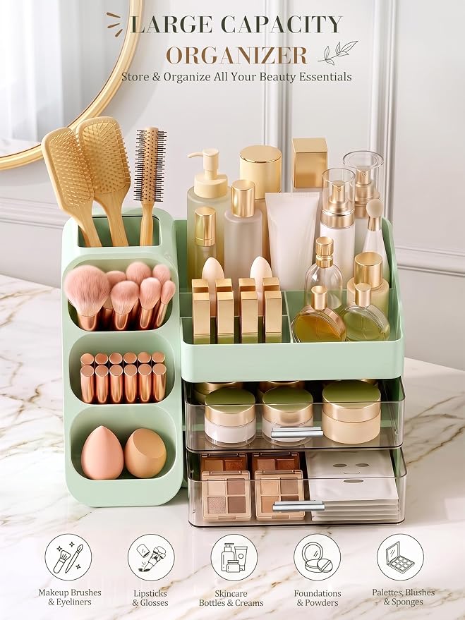Makeup Organizer with Drawers,Large Capacity Countertop Organizer for Vanity,Bathroom and Bedroom Desk Cosmetics Organizer,Easy To Storage Skincare,Brushes,Lotions (Green) - Image 3