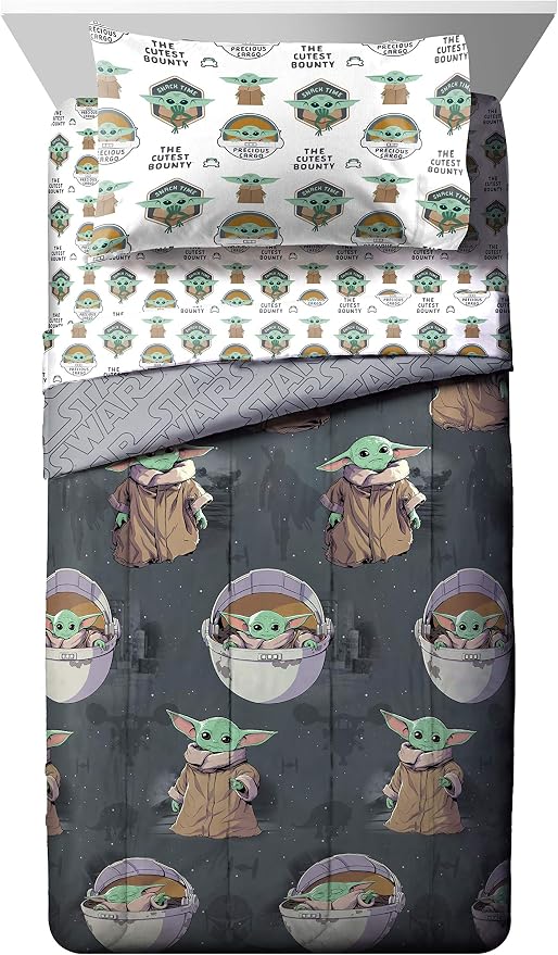 Star Wars Mandalorian Full Size Comforter Set 5 Piece Kids Bedding, Gray | Grogu Baby Yoda, Comforter Sheets Pillowcases, Official Product, Soft Microfiber, Machine Washable, Easy Care, Kids Gift - Image 2