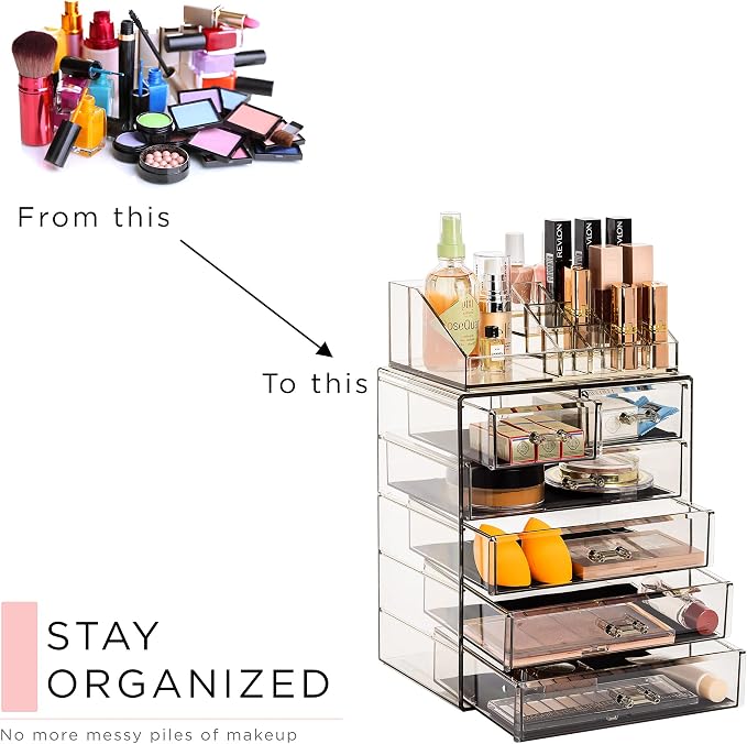 Sorbus Acrylic Makeup Organizer Set, 6-Drawer Vanity & Countertop Cosmetic Storage with Small & Wide Compartments, Black-Tint Makeup Storage for Brushes, Jewelry – Holiday Gift for Women & Teens - Image 7