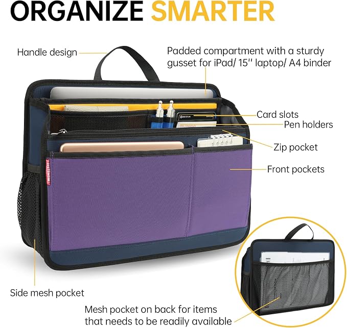 Large Rugged Organizer Insert for Briefcase Tote Shoulder Messenger Bag-20 Pockets,Padded Water-repellent Nylon-Mix - Image 3