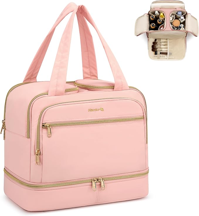 Hanke Travel Toiletry Bag, Lightweight Wide-open Large Toiletry Bags for Women, Dual-Layer Makeup Bag Water-Resistant Cosmetic Travel Bag with Handle for Accessories, Essentials, Pink by Hanke