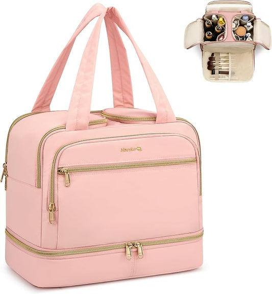 Hanke Travel Toiletry Bag, Lightweight Wide-open Large Toiletry Bags for Women, Dual-Layer Makeup Bag Water-Resistant Cosmetic Travel Bag with Handle for Accessories, Essentials, Pink by Hanke