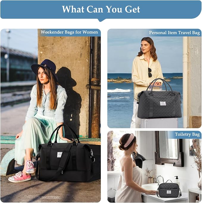 Weekender Bags for Women,Personal Item Travel Bag with Shoes Compartment | Overnight Travel Duffel Bag with Grid Travel Set,Carry-On Bag,3 Pcs Set,Large - Image 7