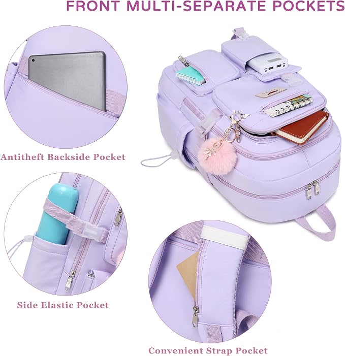 Laptop Backpack 15.6 Inch Elementary Middle High School Bag College Backpacks with Lunch Box Pencil Pouch 3 PCS Set Travel Bookbags for Teens Girls Women Students (Purple) - Image 4