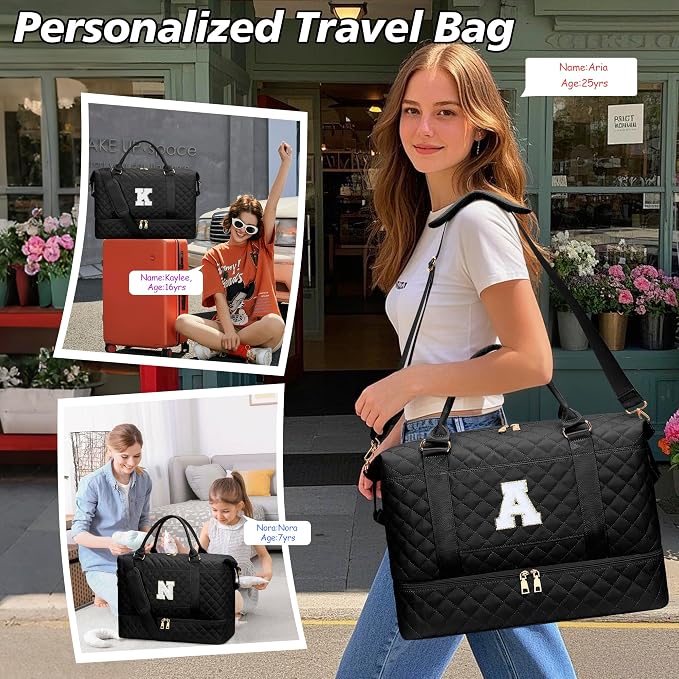 Gifts for Women Girls Initial Travel Duffle Bag Quilted Weekender Bags Carry-On Overnight with Cosmetic Bag, Gym Bag with Shoe Compartment, Black H - Image 4
