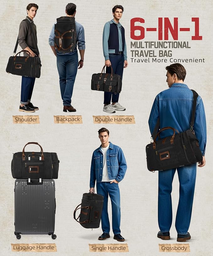 ARCFOX Vintage Waxed Canvas Duffle Bag for Men, Expandable to 45L Waterproof Weekender Overnight Travel Bag with Shoe Compartment, Adjustable Shoulder Strap, Carry On Duffel Bags for Airplanes, Black - Image 8