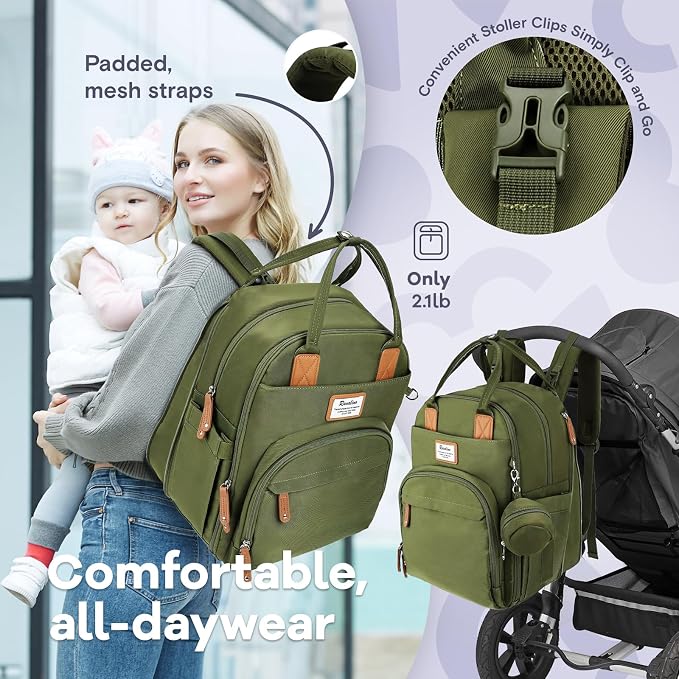 RUVALINO Diaper Bag Backpack-Expandable Baby Bag with up to 50% Capacity -Baby Essentials Bag with Changing Pad Insulated Bottle Holders & Pacifier Case, Waterproof, Army Green XL - Image 5
