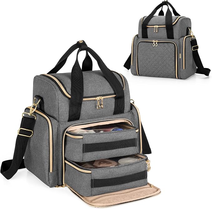LUXJA Travel Makeup Bag with 2 Removable Makeup Cases, Gray | Large Cosmetic Bag with Multiple Storage Sections, 3 Detachable Dividers, Detachable Shoulder Strap, Trolley Sleeve by Luxja