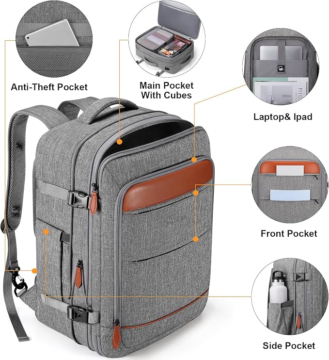Bagsure Travel Backpack Carry On Backpack 42L Flight Approved, Expandable Laptop Backpack with Packing Cubes & Shoe Pocket, Water Resistant Luggage Backpack for Men Women, Large Backpack 20 * 14 * 7" - Image 5