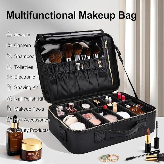 Travel Makeup Bag with Brush Holder, Professional Cosmetic Train Case Organizer, Portable Travel Makeup Brush Carry Case Artist Storage Box with Adjustable Dividers and Shoulder Strap, Leather Black - Image 5