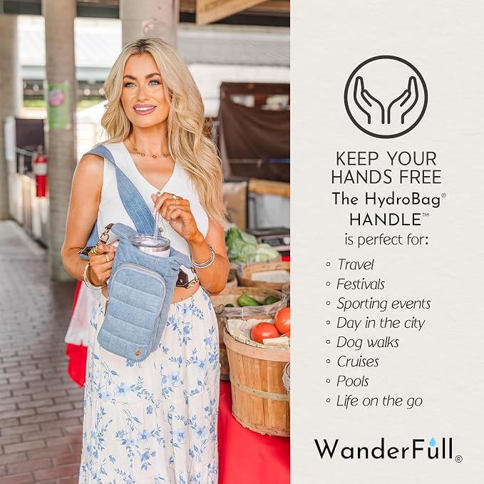 WanderFull Original HydroBag HANDLE®, Zipper for Handle, 40 oz Water Bottle Holder w/Strap, Crossbody Carrier Bag w/Phone Pocket, Tumbler Accessories - Light Denim - Image 3