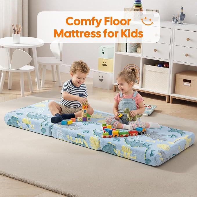 MeMoreCool Glow Dinosaur Kids Foldable Floor Mattress, 63x26 Inch Blue | Glow dinosaur trifold mattress for kids room, playroom and travel, 63x26 in - Image 6