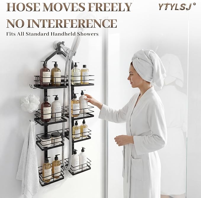 4-Tier Hanging Shower Caddy for Handheld Showerhead, Heavy-Duty Stainless Steel with Dual-Rotating Clamp, Matte Black - Image 7
