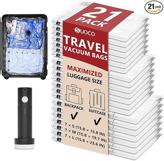 Travel Vacuum Bags for Clothing with Rechargeable Electric Pump, Compression Packing Cubes Organizer Storage for Luggage Suitcase, Space Saver Seal Bags for Vacation Cruise, 21 Combo by SUOCO