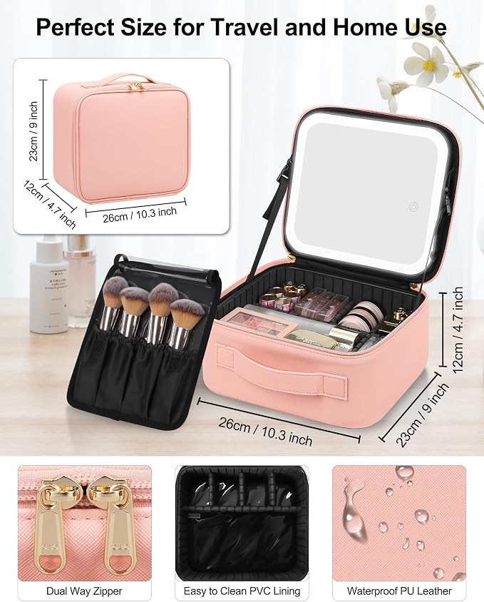 Chomeiu Makeup Bag with LED Mirror, Cute Cosmetic Bags Birthday Gifts for Girls Women, Makeup Train Case Artists Organizer Large Make Up Bags with Light Up Mirror 3 Color Lights, Pink 2 - Image 2