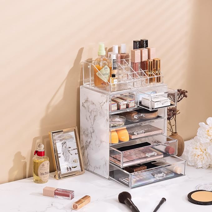 Sorbus Acrylic Makeup Organizer Set, 6-Drawer Vanity & Countertop Cosmetic Storage with Small & Wide Compartments, Marble Print Makeup Storage for Brushes, Jewelry – Holiday Gift for Women & Teens - Image 5