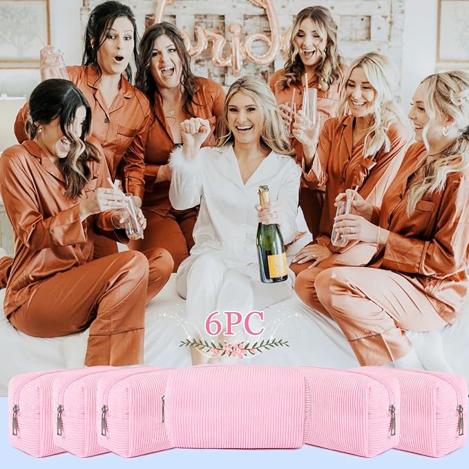 SOIDRAM 6PCS Bridesmaid Proposal Gifts Corduroy Pink makeup bag bulk for Wedding Party Favors Bachelorette party decorations Toiletry Organizer Bag Cosmetic Case Gift - Image 3