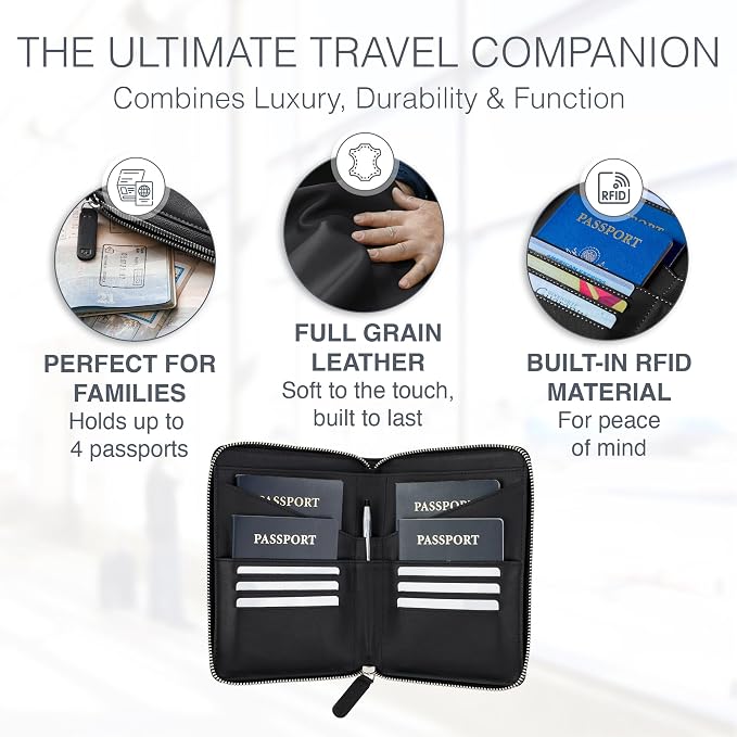 Full Grain Leather Family Passport Holder for 4 Passports - RFID Passport Holder and Travel Document Organizer - Large Leather Travel Wallet for Families - Black - Image 2