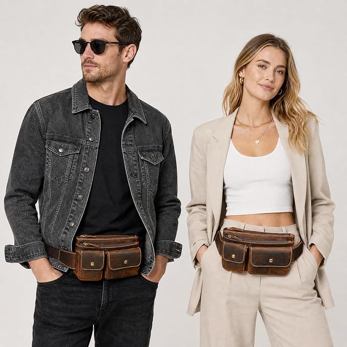 Water Resistant Canvas + Leather Hiking Riding Travel Fanny Waist Pack Small Phone Pouch For Men Women FB811-29 (9802-Brown 2) - Image 2