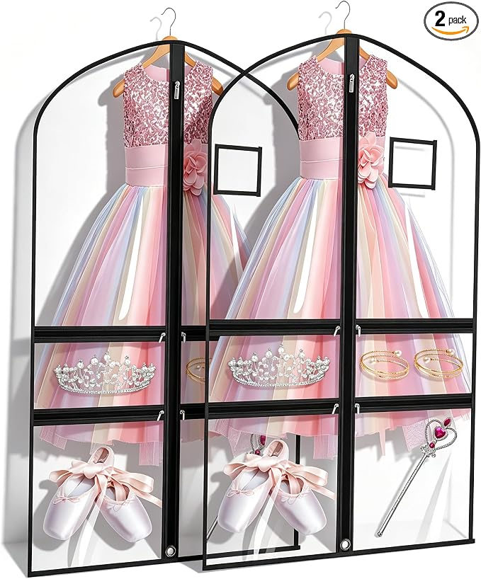 2 Pack Clear Garment Bags for Dance Costumes,40 Inch Transparent Dance Costume Bag with 4 Zipper Pockets & ID Window,Waterproof Hanging Garment Bag for Competition,Recital,Travel ﻿ by ServingEveryFamily