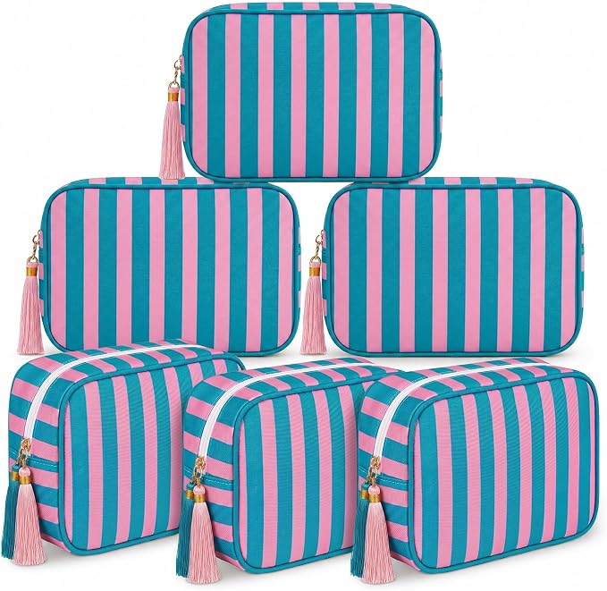 Kacctyen 6 Pack Blue and Pink Striped Makeup Bag bulk with Tassel Travel Cosmetic Pouch Organizer Large Zipper Toiletry Case for Women Aesthetic Storage Pouch Mahjong Tile Bag by Kacctyen