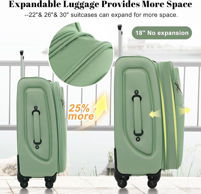 Merax 4-Piece Expandable Luggage Set,Softside Suitcase,Light Green | 18" 22" 26" 30" Lightweight Luggage with Spinner Wheels,Suitcase Set with TSA Lock,Front Pocket & Interior Organization - Image 4