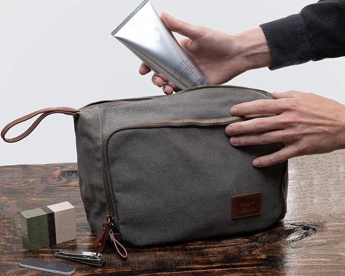 Vetelli Vintage Canvas Toiletry Bags, Travel In Style, Waterproof Canvas Dopp Kits, Durable (Messner) (Light Gray) - Image 2