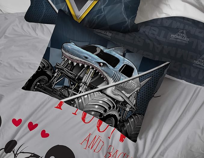Monster Jam Trucks Full Comforter Set 7 Piece Kids Bedding for Boys, Multi | Grave Digger Megalodon, Bed in a Bag, Comforter Sheets Shams Pillowcases, Soft Microfiber, Machine Washable, Boys Gift - Image 5