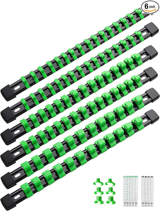 ALOANES 6PC Socket Organizer, Socket Rails Fit 1/2", 1/4" and 3/8" Drive | Heavy Duty ABS Socket Holders Hold up 86 Sockets for Mechanics Toolbox Drawer Bags(Green) by Aloanes