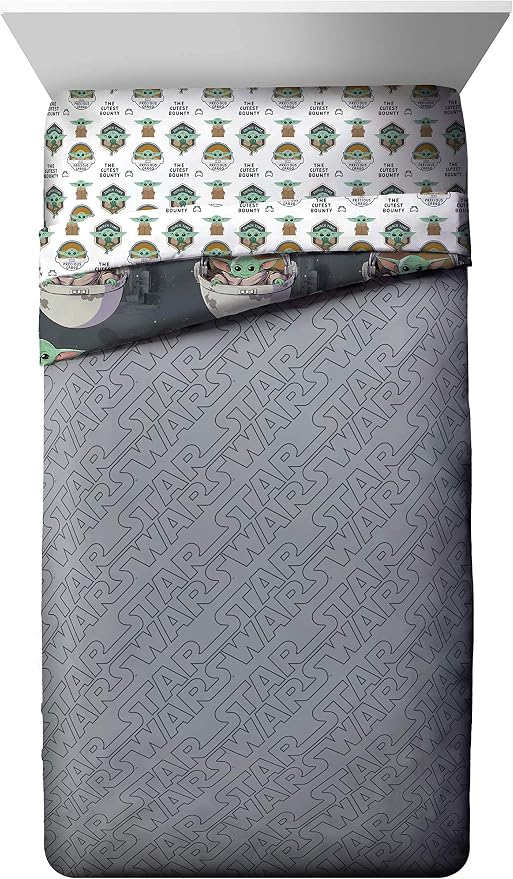 Star Wars Mandalorian Grogu Twin Comforter Set 4 Piece Kids Bedding, Gray | Baby Yoda, Comforter Sheets Pillowcase, Official Product, Soft Microfiber, Machine Washable, Easy Care, Kids Gift - Image 2