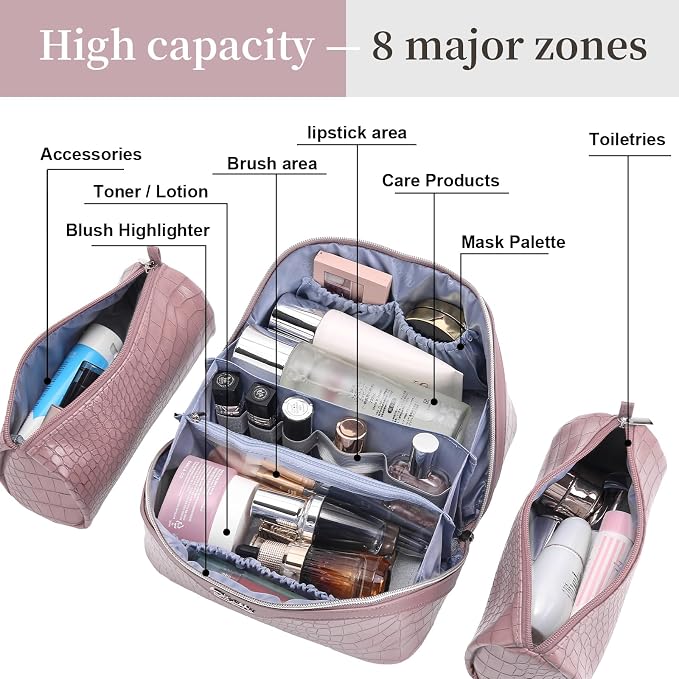 BOYATU Travel Makeup Bag Cosmetic Bags for Women: 3 Pcs Set Large Capacity Make up Bag with Handle - Crocodile Pattern Vegan Leather Toiletry Bags Travel Essentials with Compartments((E-4-Pink) - Image 5