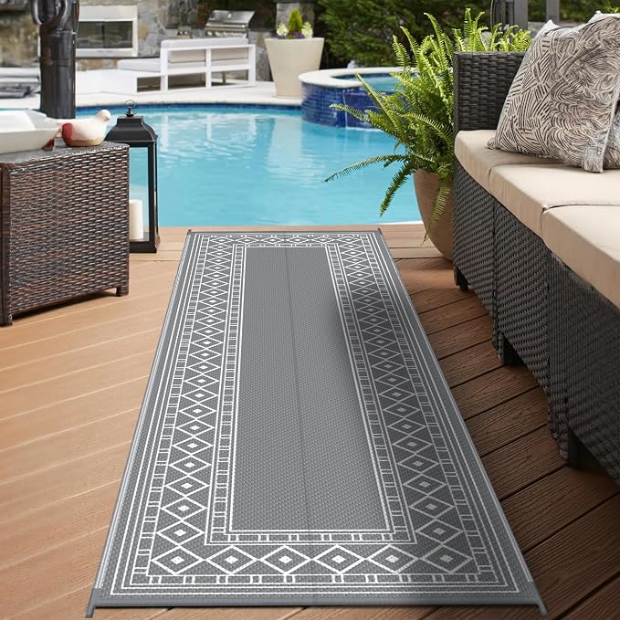 GENIMO Outdoor Rug, Waterproof Plastic Runner Rugs, 2.5'x8' Grey White | Outside Larger Modern Carpet Mat for Porch Decor, Deck, Balcony, Camping, RV, Backyard, Picnic, Beach, Reversible - Image 3