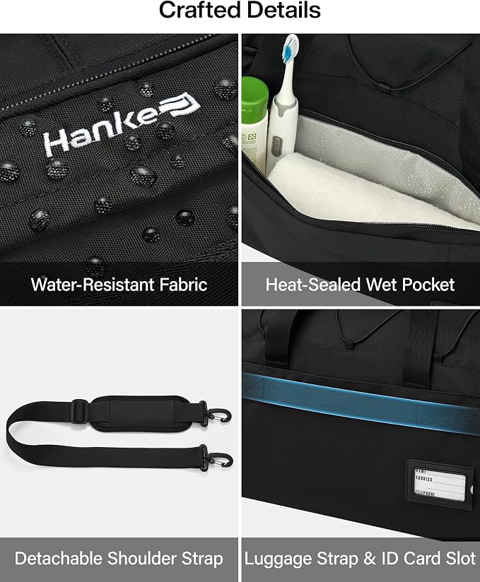 Hanke Duffle Bag for Travel, Dual Expandable 45L-55L Carry On Duffel, 3 In 1 Weekender Tote, Water Resistant Overnight Bag with 15.6" Compartment for Men Women, Black - Image 6