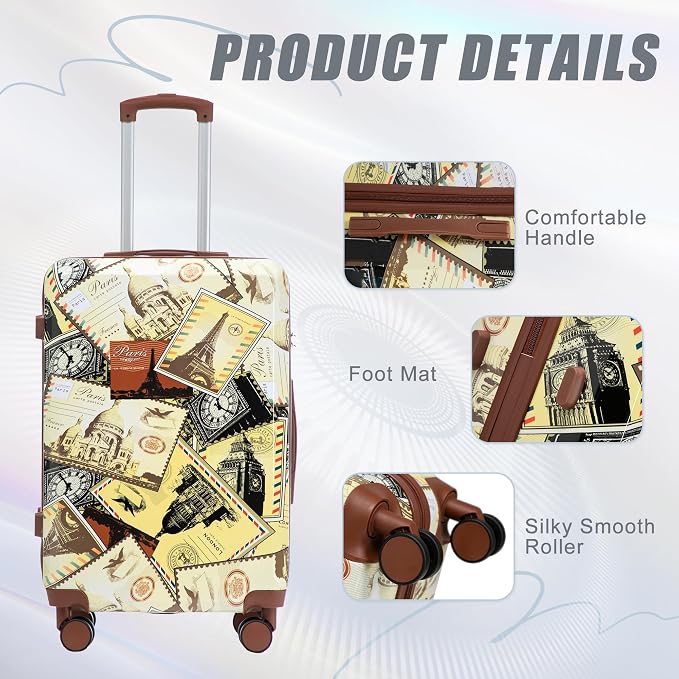 GDFStudio 20/24/28 Inch 3 Piece Hardshell Luggage Set with 360°Spinner Wheels,Lightweight & Waterproof,Polycarbonate Carry On Suitcase with Combination Lock,Retractable Handle,City Stamp Pattern - Image 4