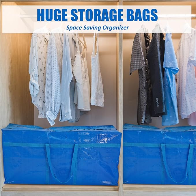 Windyun 4 Pack 121 Gallon Extra Large Moving Bags XXL Heavy Duty Storage Bag with Strong Zipper Handle Jumbo Big Tote Box Foldable for College Dorm Travel Clothes Duffle Blanket Pillow(Blue) - Image 6