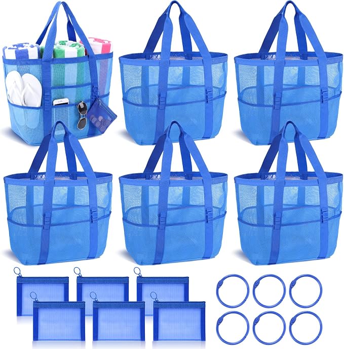 Hillban Large Mesh Beach Bag Bulk for Women Waterproof Sandproof Pool Tote Bag with 8 Pocket Small Zipper Pouch with Ring by Hillban