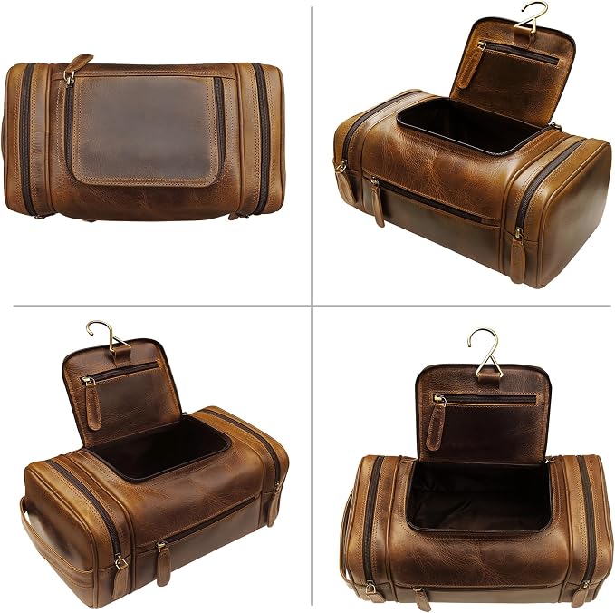 ELIZO Genuine Leather Toiletry Bag for Men Mens Toiletry Bags for Traveling Waterproof Hanging Leather Dopp Kit w/Hook Extra largeToiletry Bag Travel Organizer for Toiletries - Image 6