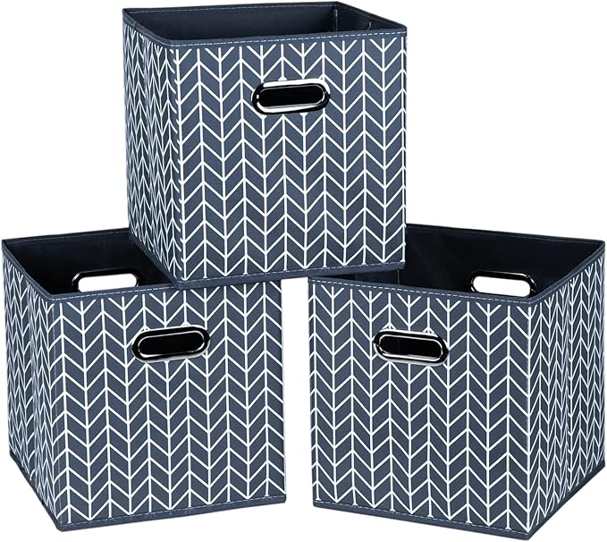 Fabric Cloth Storage Bins,Fabric Cube Organizer with Dual Handles Foldable Cube Storage Baskets for Home Bedroom Storage,Set of 3,(Grey Wave) by SEVENDOME