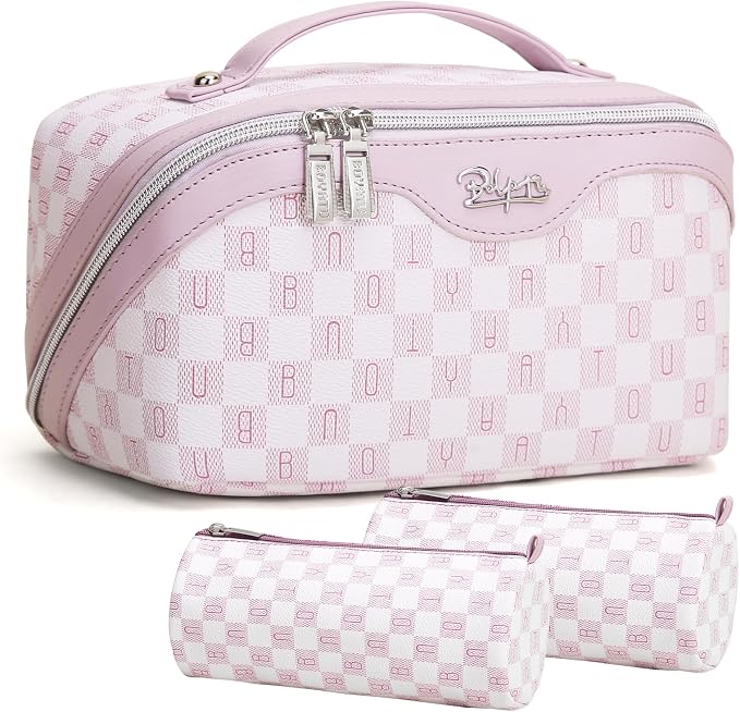 BOYATU Travel Makeup Bag Organizer Cosmetic Bag: 3 Pcs Set Make up Bags for Women with Handle - Waterproof Vegan Leather Toiletry Bags Travel Essentials Pouch with Compartments (H-05-Pink) by BOYATU