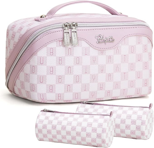 BOYATU Travel Makeup Bag Organizer Cosmetic Bag: 3 Pcs Set Make up Bags for Women with Handle - Waterproof Vegan Leather Toiletry Bags Travel Essentials Pouch with Compartments (H-05-Pink) by BOYATU