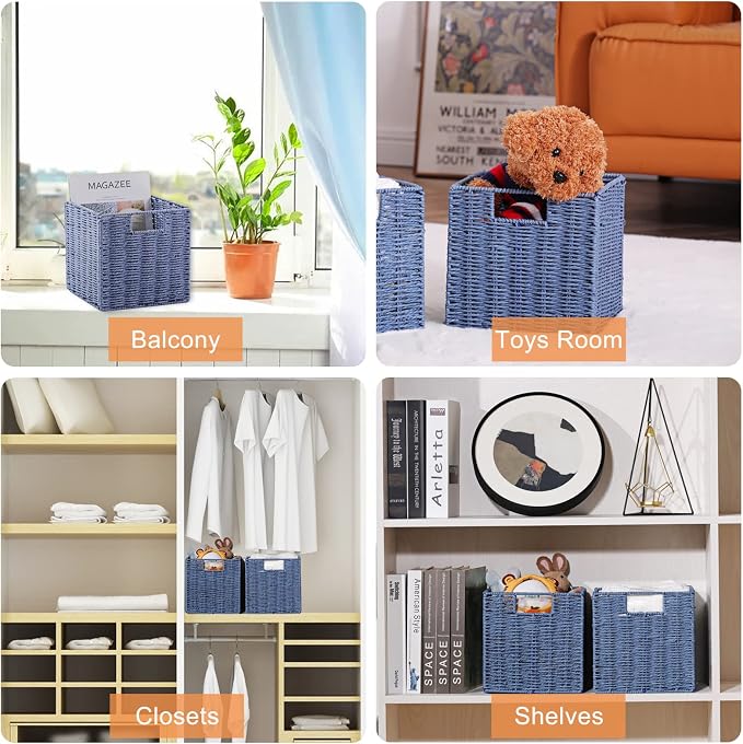 Vagusicc Wicker Basket, Set of 2 Hand-Woven Paper Rope Storage Baskets for Organizing, Foldable Cubby Storage Bins, 9 Inch Small Wicker Storage Basket, Square Baskets Cube Storage Organizer Bins, Blue - Image 4