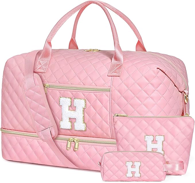 Graduation Birthday Gift for Her, Personalized Initial Weekender Bag for Women 45L Travel Duffle Carry On Quilted, 3PCS Overnight with Cosmetic & Toiletry Bag, Shoe Compartment, Gym Dance Bag for Girl by ITIEZY