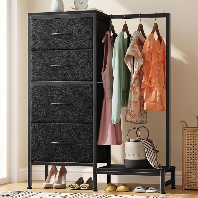 HIGDBFE Tall Dresser 44''H with Hanging Rack, 4 Drawers Small Closet Dresser for Bedroom, Reversible Fabric Chest of Drawers with Clothes Rack, Tall Storage Tower, Sturdy Frame, Black by HIGDBFE