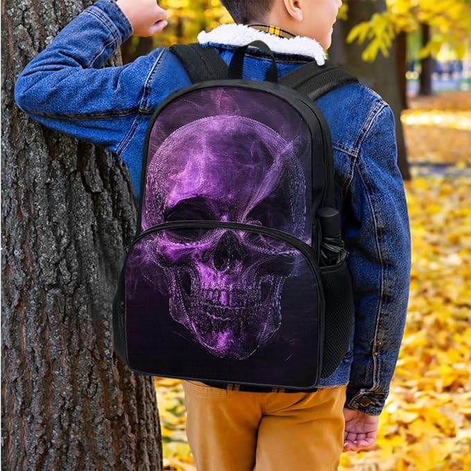 Girls Purple Skull Skeleton Flame Backpack Set 4 In 1 School Bags for Boys Kids Laptop Schoolbag Travel Bookbag Hiking Backpacks for Preschool Kindergarten Elementary Middle School - Image 7
